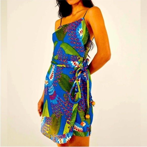 FARM Rio Dresses & Skirts - FARM RIO XS Mini Wrap Dress Blue Macaw Print 100% linen Super Cute!